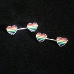 Rainbow heart nipple bars 316L surgical steel 14G 2 pc set